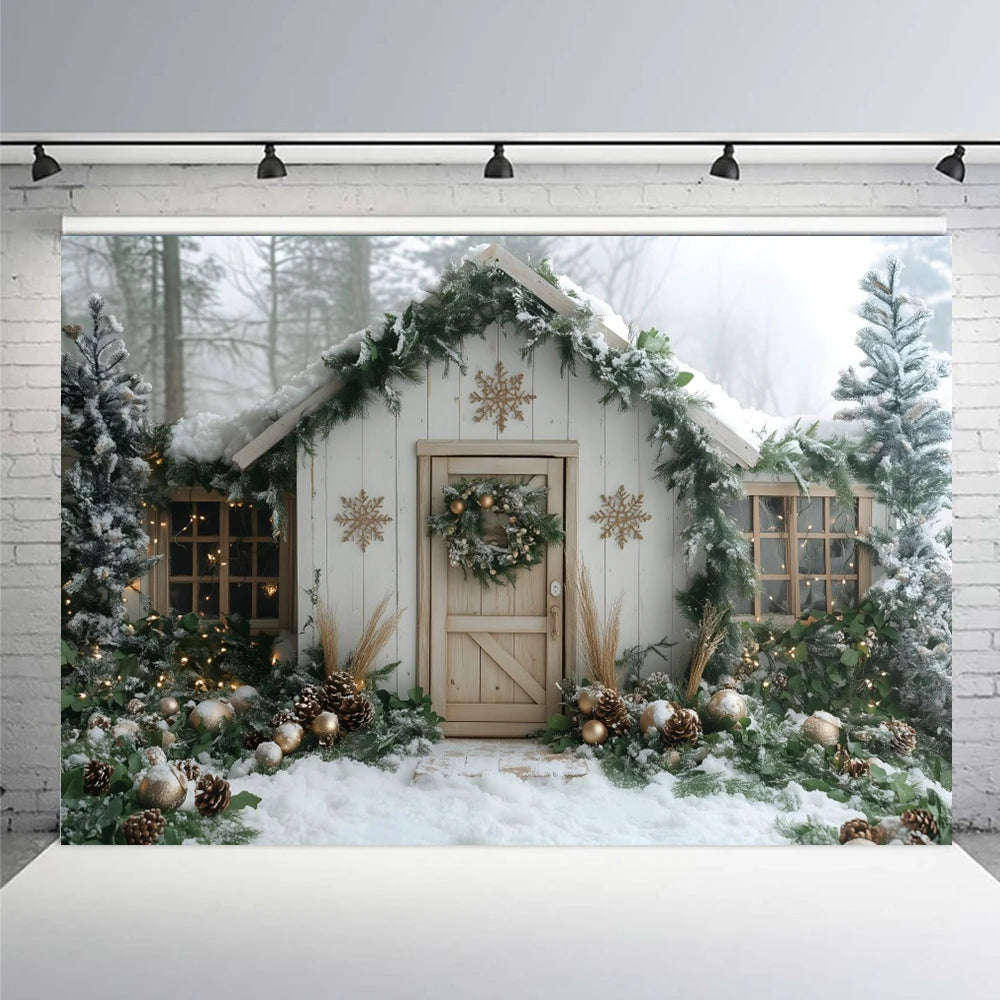 Winter Snow Christmas Wooden House Background Photography Flash Cottage Pine Tree Forest Kids Family Portrait Backdrop Studio