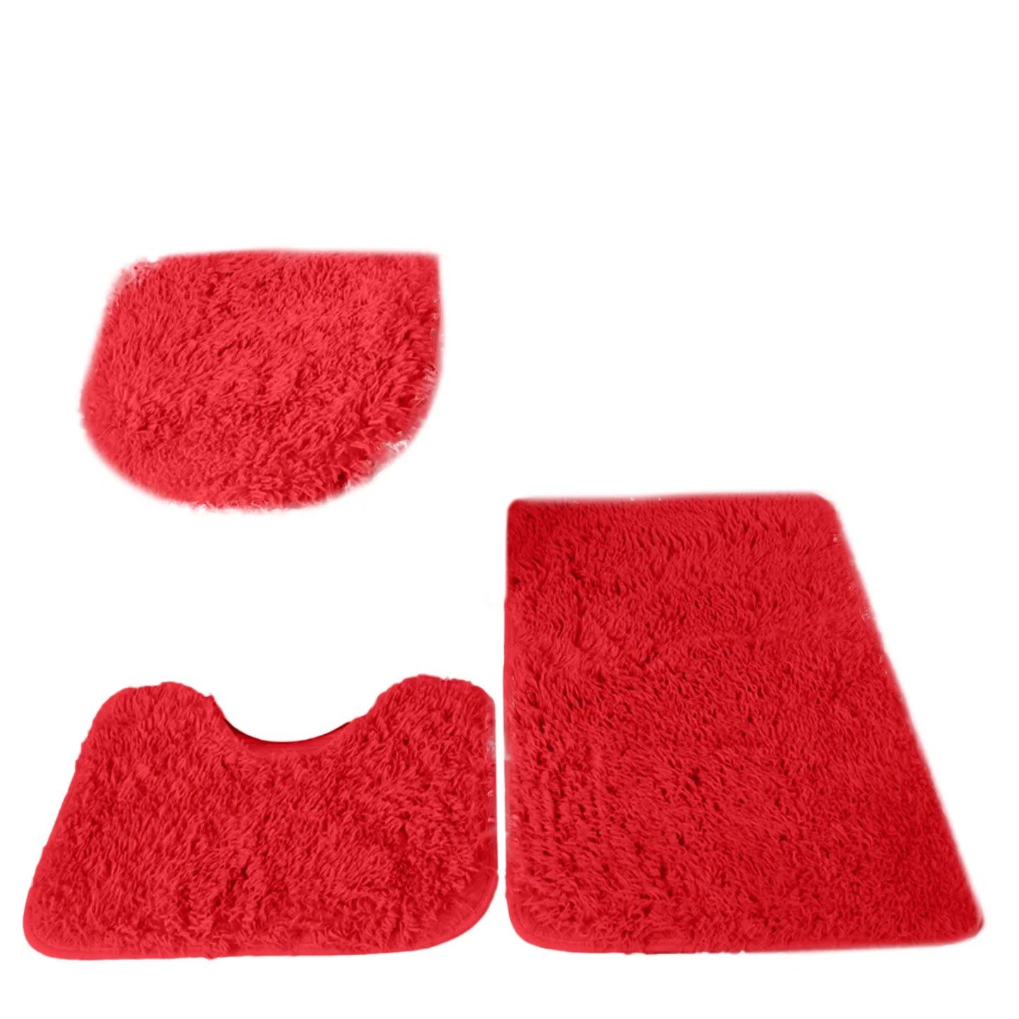 3pc Bathroom Set Rug Mat Toilet Lid Cover Plain Solid Color Bathmats Rugs Kit Non-Slip Fluffy