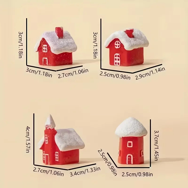 4Pcs Winter Village Snowy House Christmas Resin Miniature Red House Christmas Home Decoration Ornament New Year Party Cake Decor