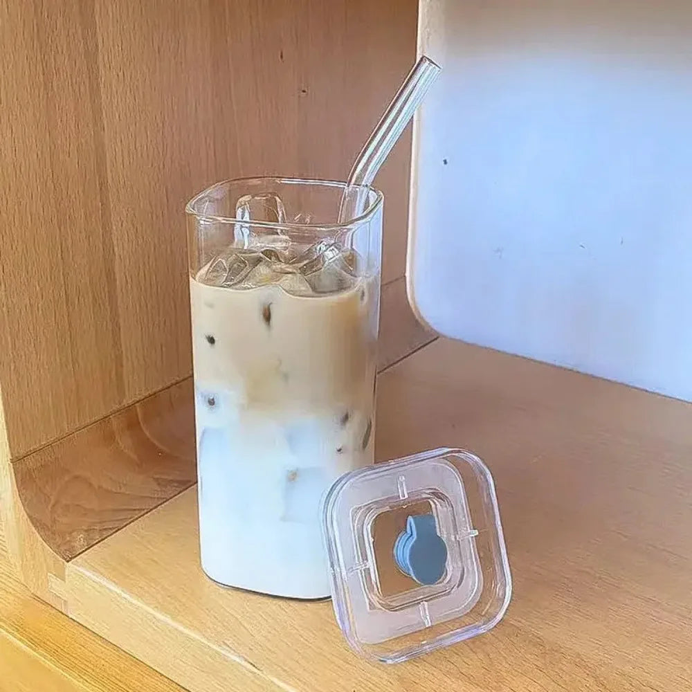 1pc Square Glass Coffee Mug with Lid & Straw Transparent Drinkware