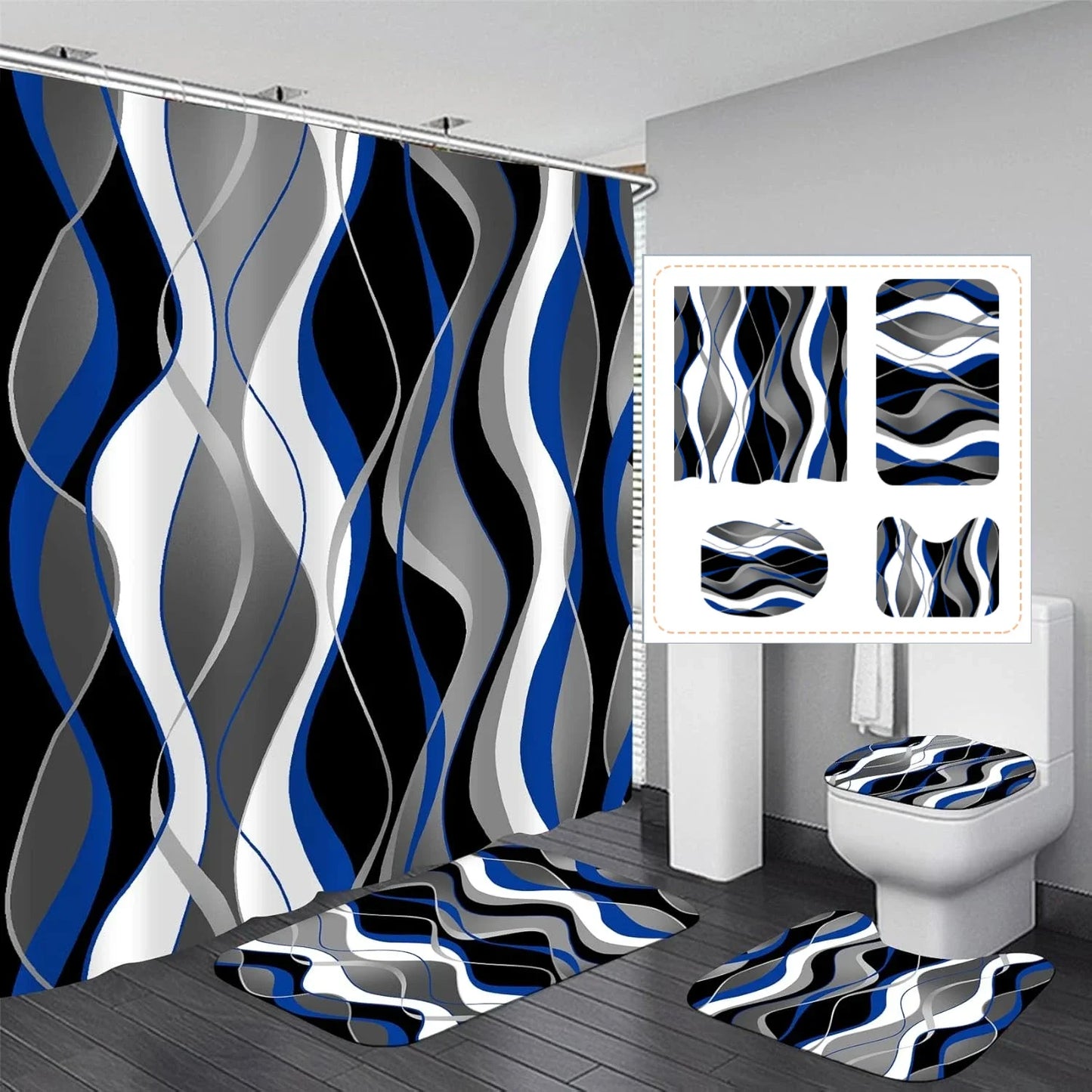 4pcs Set Doormat Shower Curtain with Non-Slip Rugs Toilet Seat Cover Bath Carpet Durable Waterproof Bathroom