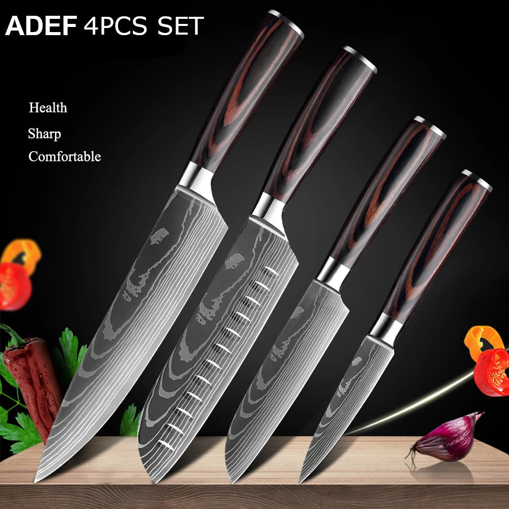 Kitchen Knives Set Laser Damascus Pattern Chef Knife Sharp Cleaver Slicing Utility Knives Tools