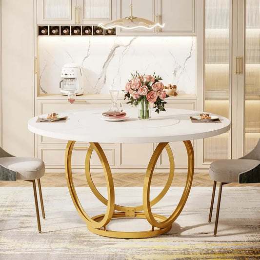 Round White Dining Table for 4, 47-Inch Large Kitchen Table with Gold Metal Base, Modern Dinner Room Table Coffee Ta