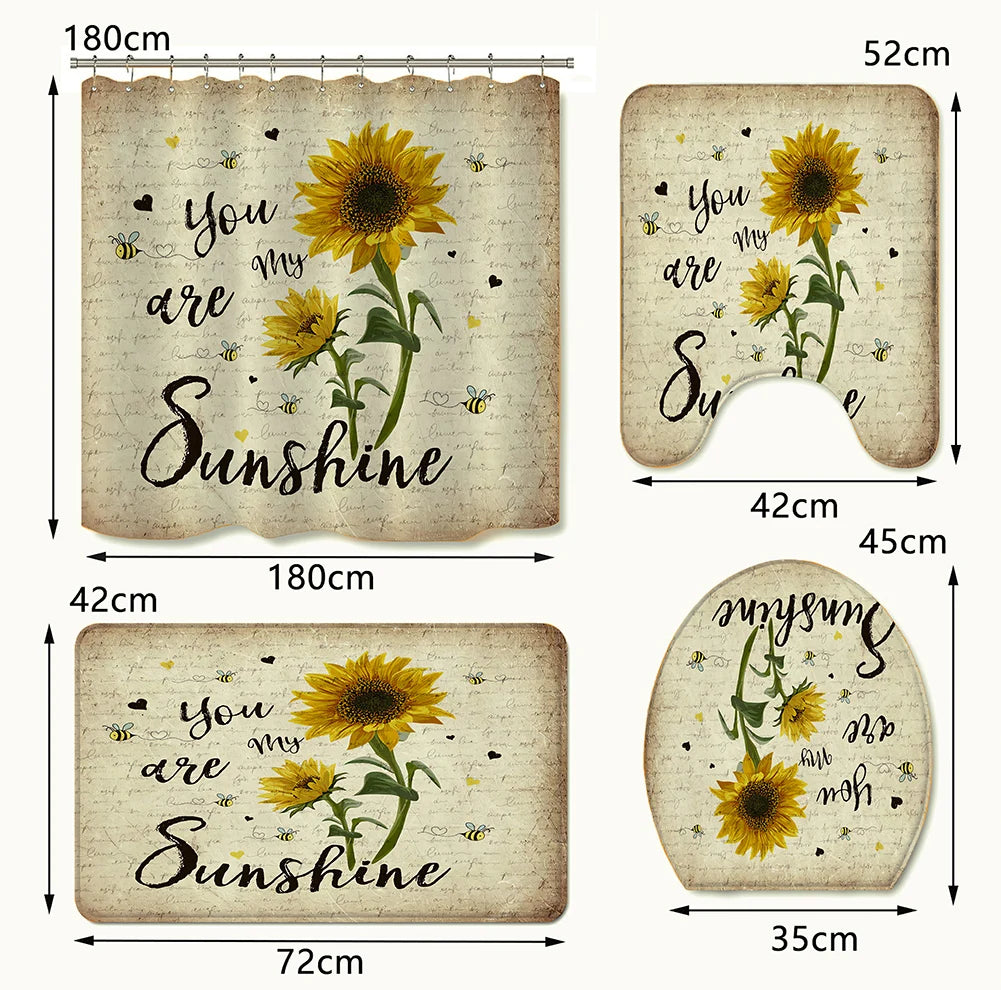 4pcs Set Doormat Shower Curtain with Non-Slip Rugs Toilet Seat Cover Bath Carpet Durable Waterproof Bathroom