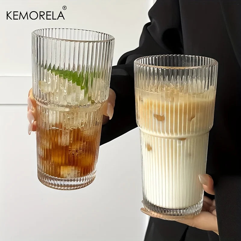 600ML Stripe Glass Coffee Cup With Lid and Without Cover Straw Transparent Drinking Glasses