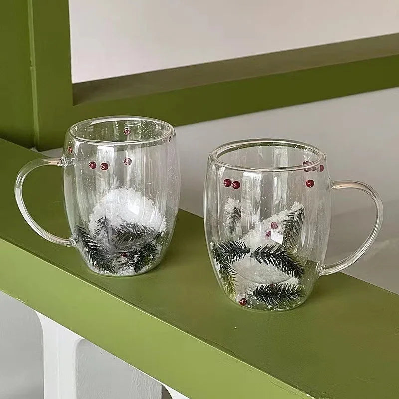 200/350ML Christmas Mug Double Wall Glass Cup Snow Scene Coffee Cup Heat Resistant