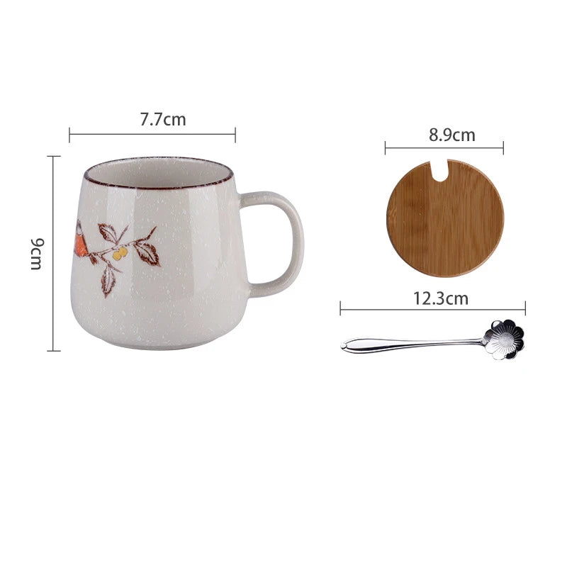 350ml Japanese Retro Ceramic Coffee Mug With Lid And Spoon Milk Breakfast Cups Home