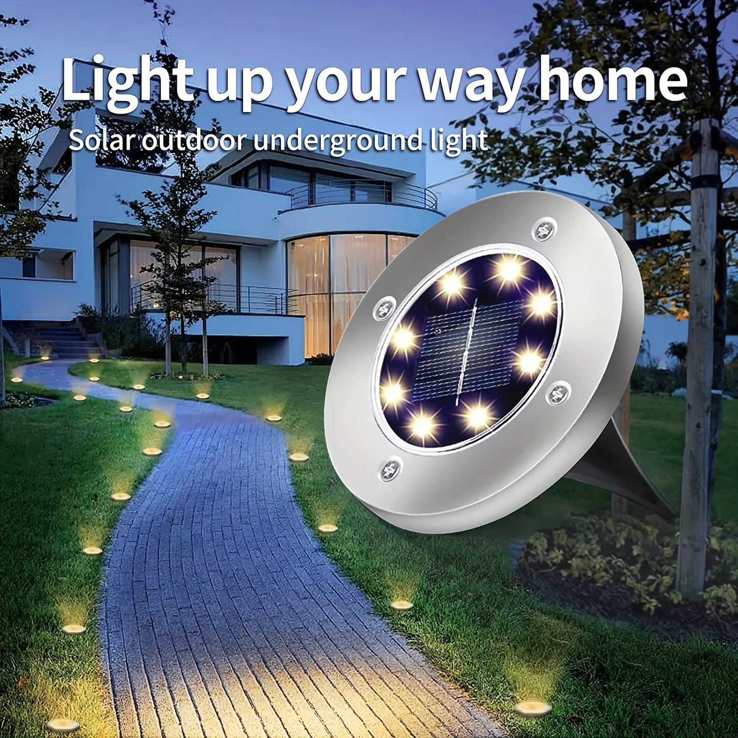 8 piece solar outdoor lights, IP65 solar disk lights, 8 LED solar ground lights, outdoor landscape lights for path, courtyard
