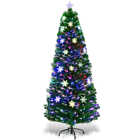 6FT Pre-Lit Fiber Optic Artificial Christmas Tree w/Multicolor Lights Snowflakes