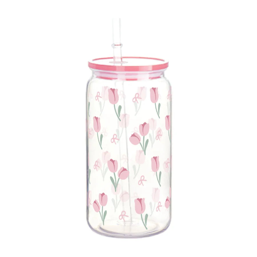 16oz Cute Bow Plastic Cup with Lid Bow Cherry Graffiti Pattern Water Bottle