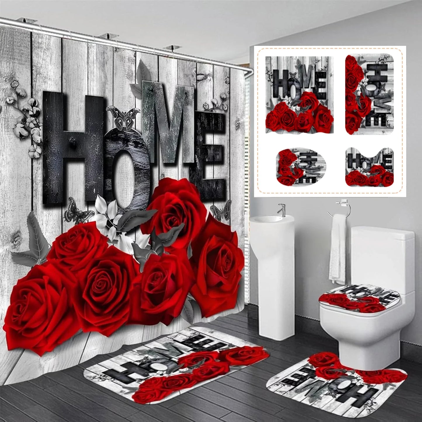 4pcs Set Doormat Shower Curtain with Non-Slip Rugs Toilet Seat Cover Bath Carpet Durable Waterproof Bathroom