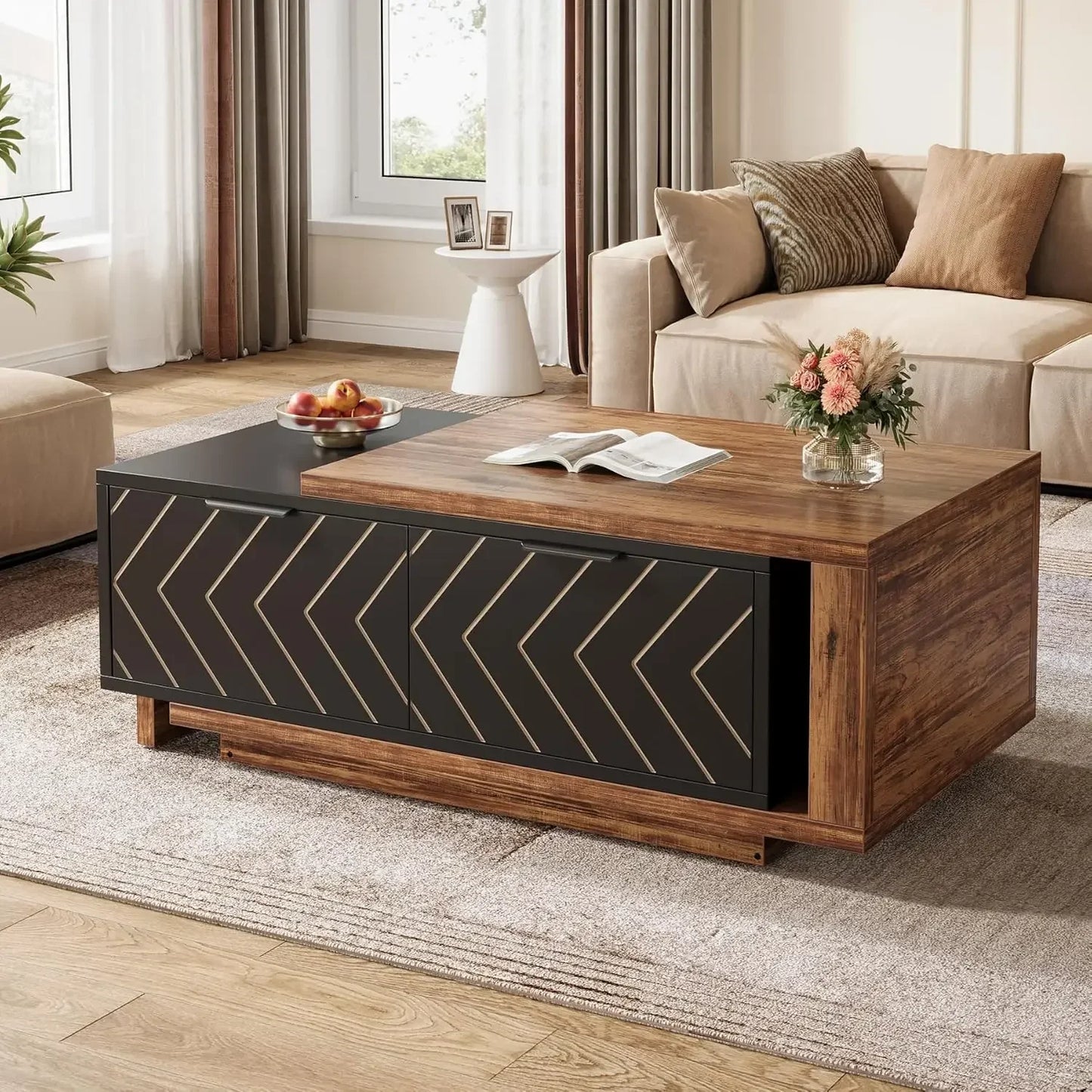 Extendable Coffee Table,Length Adjustable Reversible Wood Coffee Table with 2 Storage Drawers,Rectangular Dual-Tone Center Table