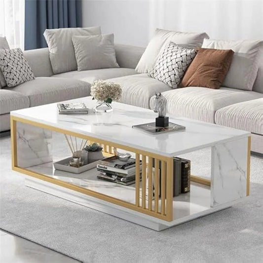 Modern White Marble Veneer Coffee Table, 2 Tier Rectangular Coffee Table with Gold Frame Sofa End Table for Living Room Bedroom