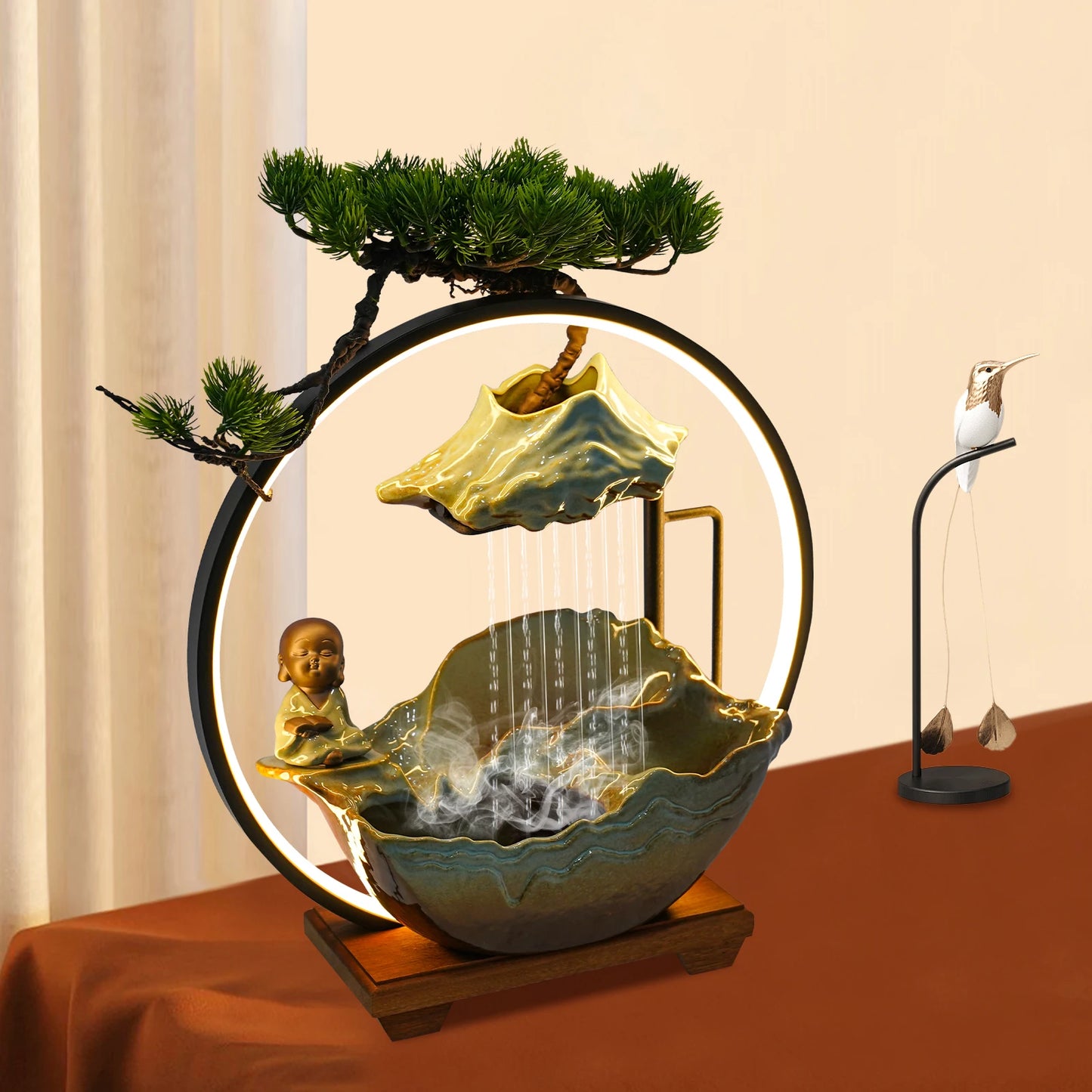 DC 24V Feng Shui Tabletop Water Fountain Indoor Waterfall with LED Mist Desk Fountain