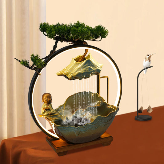 DC 24V Feng Shui Tabletop Water Fountain Indoor Waterfall with LED Mist Desk Fountain