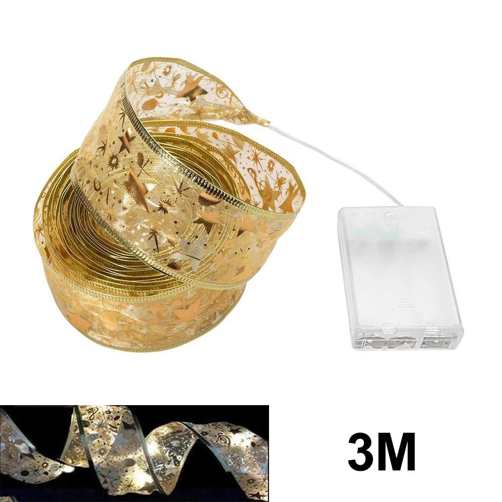 Christmas Ribbon Fairy Light Christmas Decoration DIY Bows String Light Tree Ornaments For Home 2023 Xmas Decor New Year Navidad