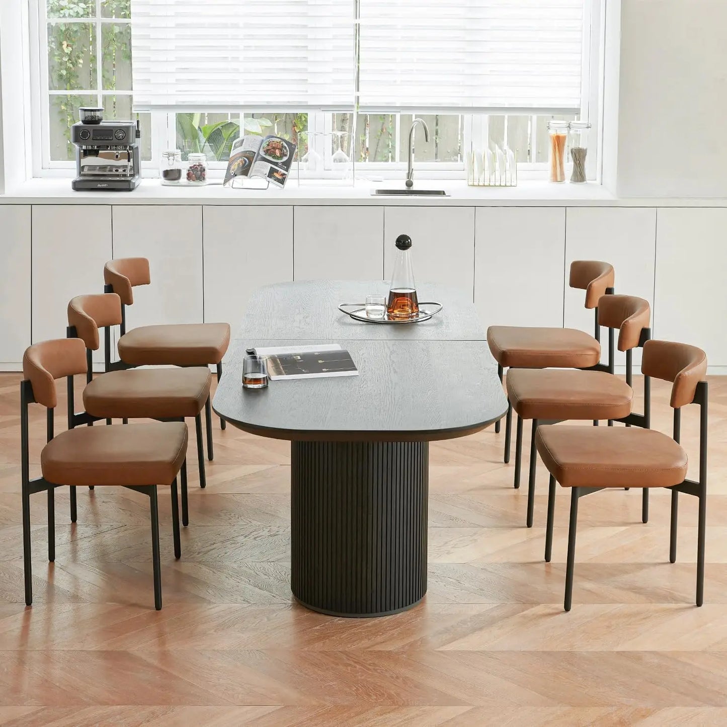 Brown Faux Leather Dining Chairs Set of 4, Armless Upholstered Kitchen Chair,Modern Dining Room Chair with Curved Backrest