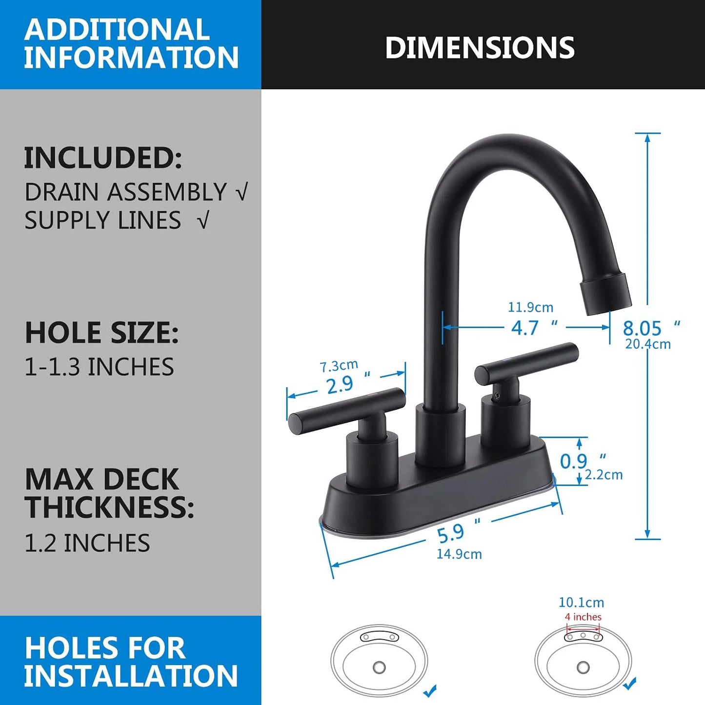 Black Bathroom Faucets, 2 Handle Bathroom Sink Faucet, 4-Inch Centerset Bathroom Sink Faucet with Pop Up Drain and Water Supply
