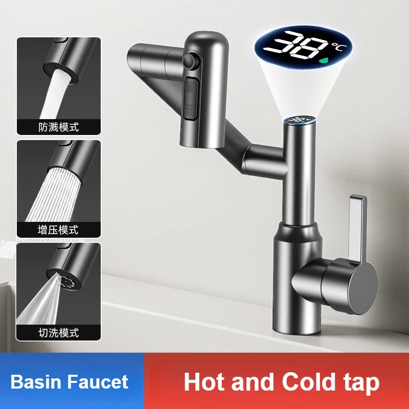 Washbasin Faucet Bathroom Multi-functional Mechanical Arm Cold and Hot Water Tap Digital Display Household Universal Rotation