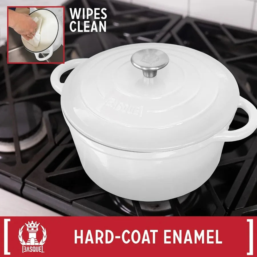 Enameled Cast Iron Cookware Set Blanc White 7Piece Set Nonstick Oversized Handles Oven Safe; 10.25 Skillet 2QT Saucepan 2.25QT