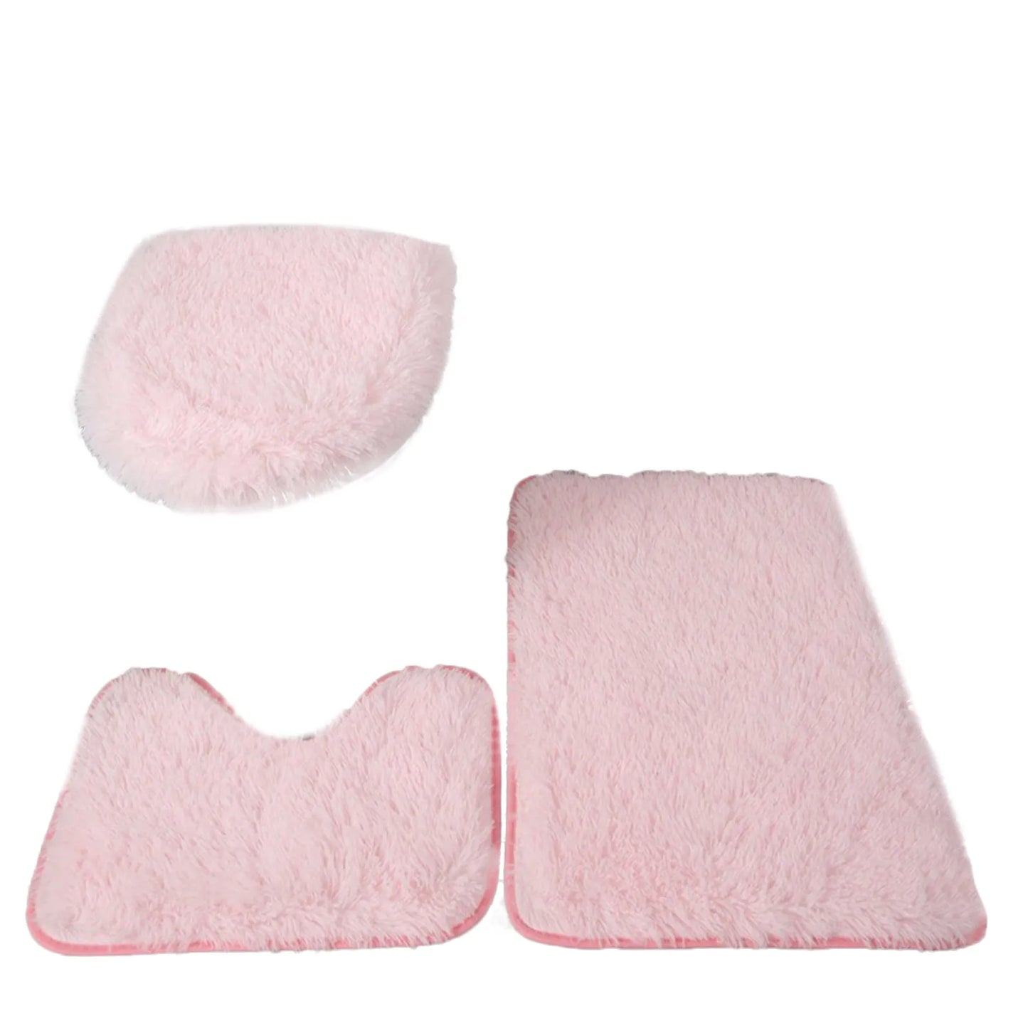 3pc Bathroom Set Rug Mat Toilet Lid Cover Plain Solid Color Bathmats Rugs Kit Non-Slip Fluffy