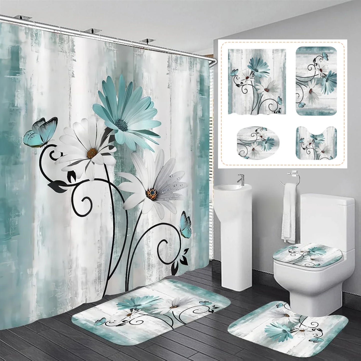4pcs Set Doormat Shower Curtain with Non-Slip Rugs Toilet Seat Cover Bath Carpet Durable Waterproof Bathroom