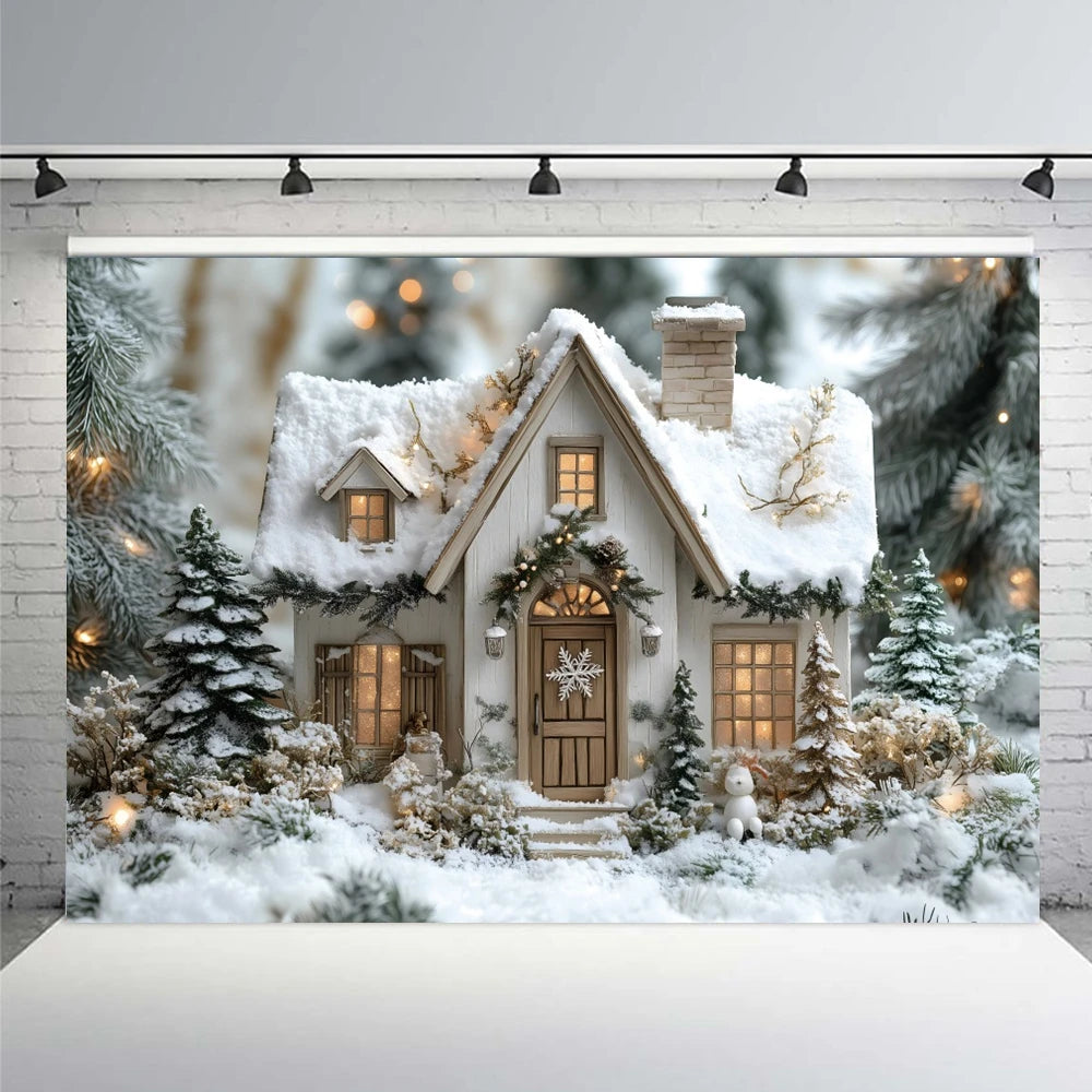 Winter Snow Christmas Wooden House Background Photography Flash Cottage Pine Tree Forest Kids Family Portrait Backdrop Studio