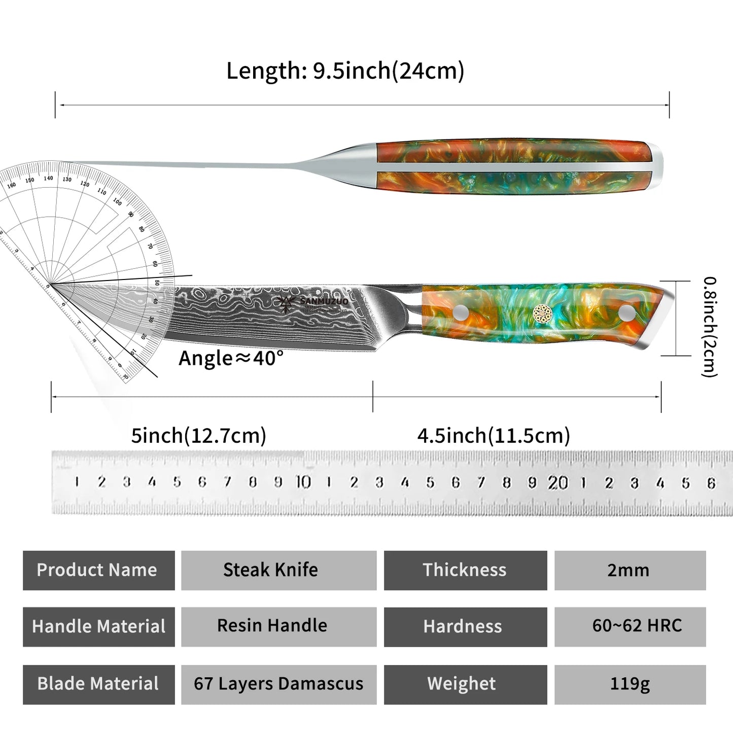 SANMUZUO 4PCS Steak Knifes - 5 Inch Knife Damascus Steel Kitchen Knifes - Resin Handle