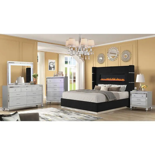 Upholstered Wooden King 5-Piece Bedroom Set with Ambient Lighting in Black Velvet Finish