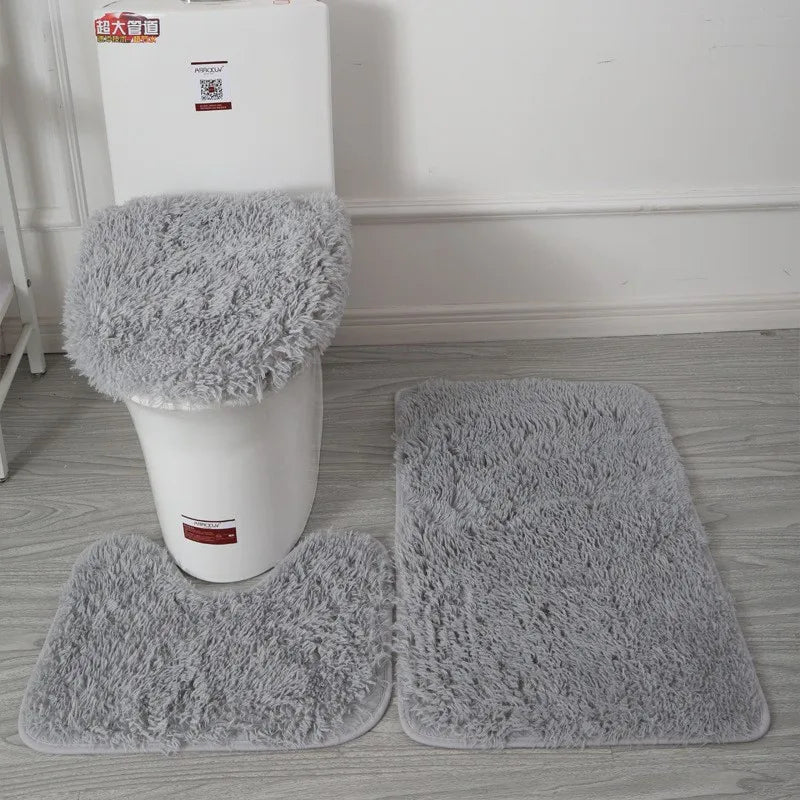 3pc Bathroom Set Rug Mat Toilet Lid Cover Plain Solid Color Bathmats Rugs Kit Non-Slip Fluffy