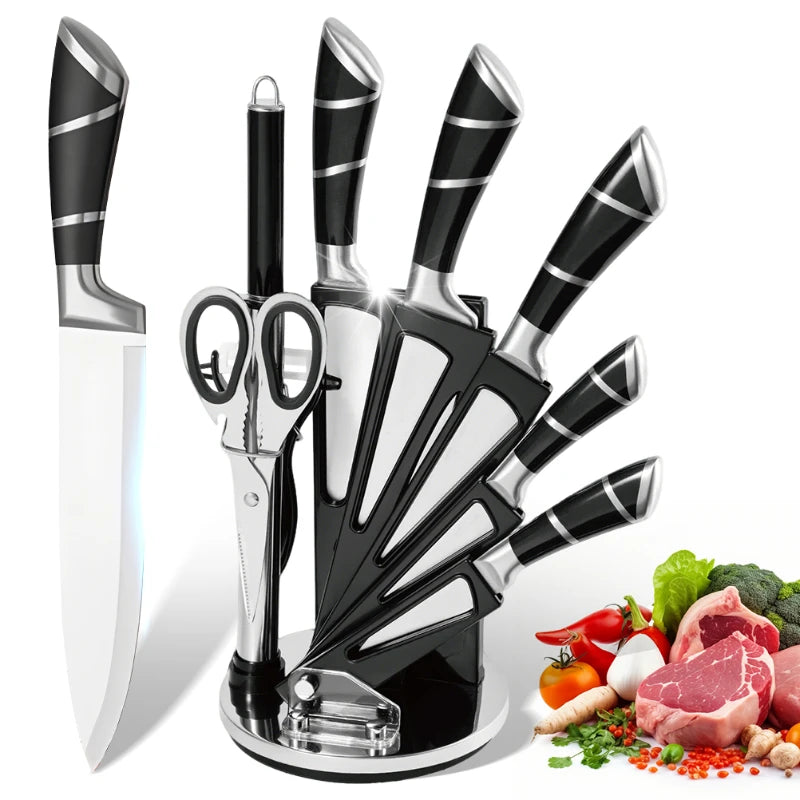 Kitchen Knife Set 9pcs Stainless Steel Sharp Non-Stick Coated Chef Knives with Sharpener