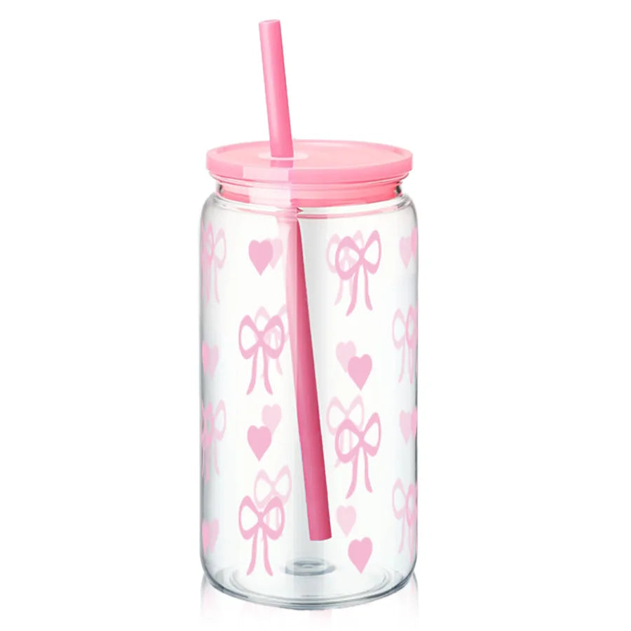 16oz Cute Bow Plastic Cup with Lid Bow Cherry Graffiti Pattern Water Bottle