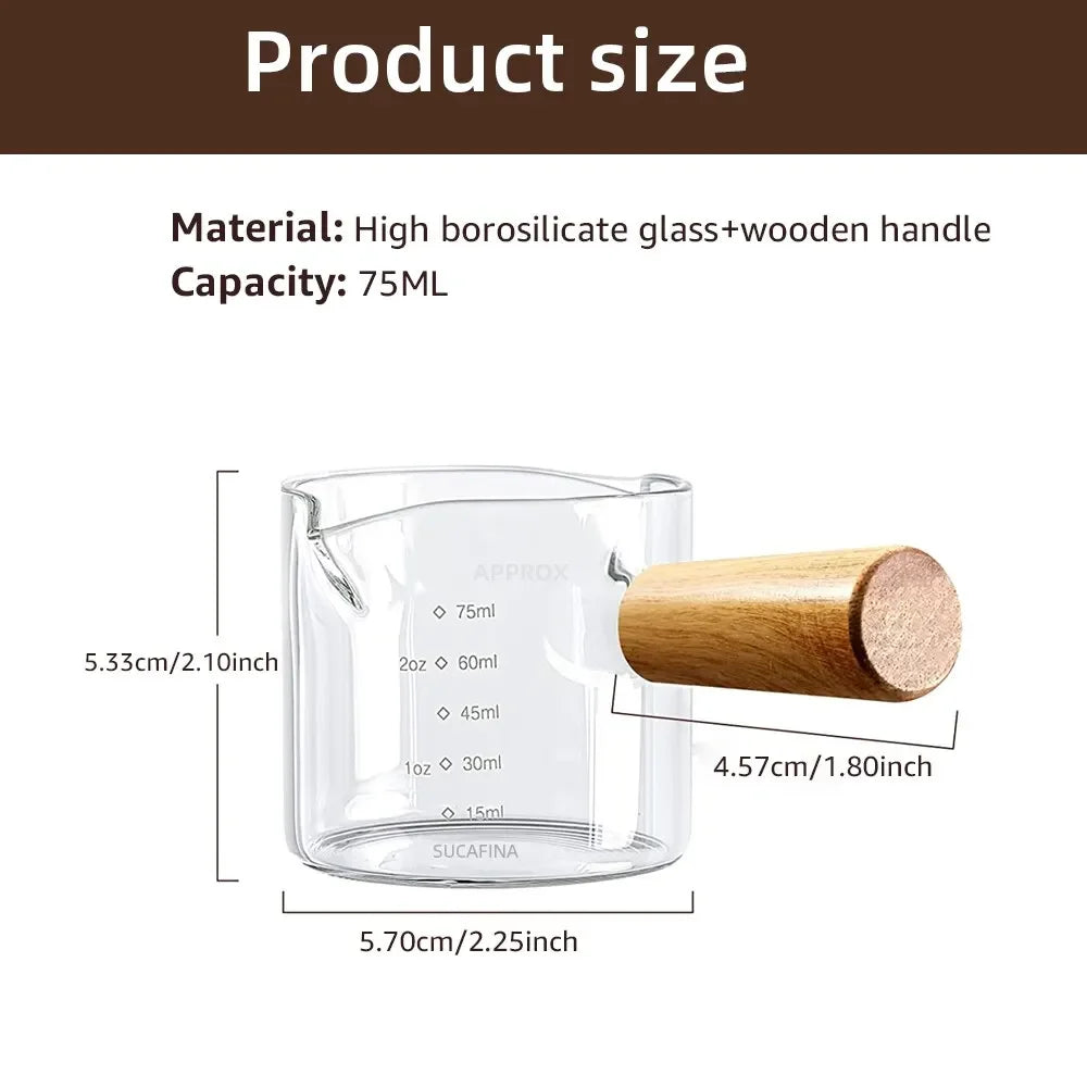 1pc Glass Measuring Cup Wood Handle Glass Espresso Measuring Cup Double
