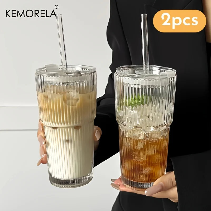 600ML Stripe Glass Coffee Cup With Lid and Without Cover Straw Transparent Drinking Glasses