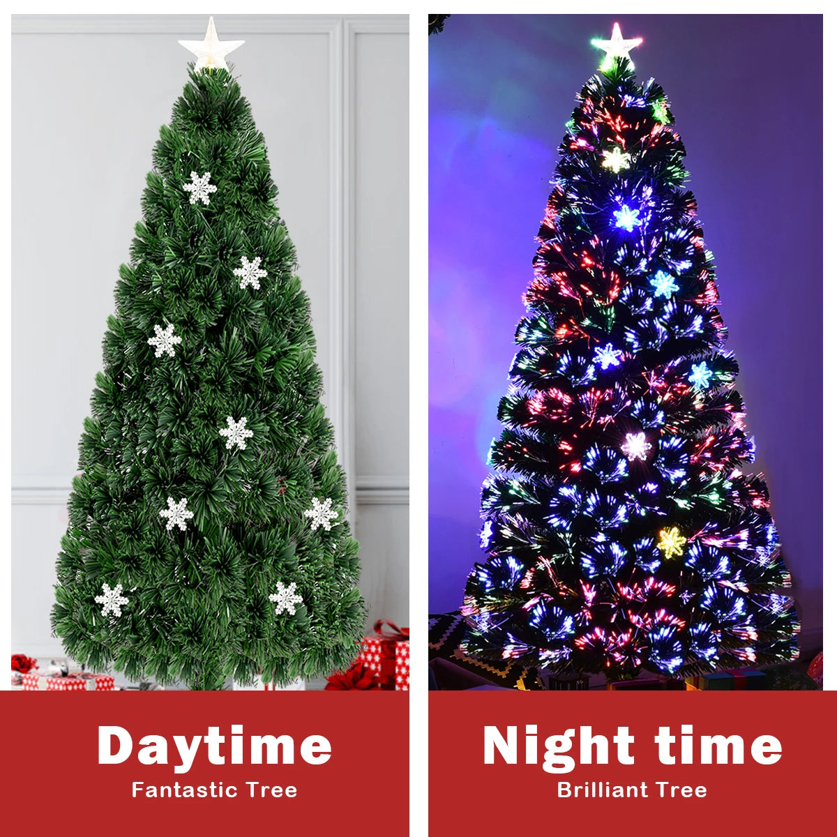 6FT Pre-Lit Fiber Optic Artificial Christmas Tree w/Multicolor Lights Snowflakes