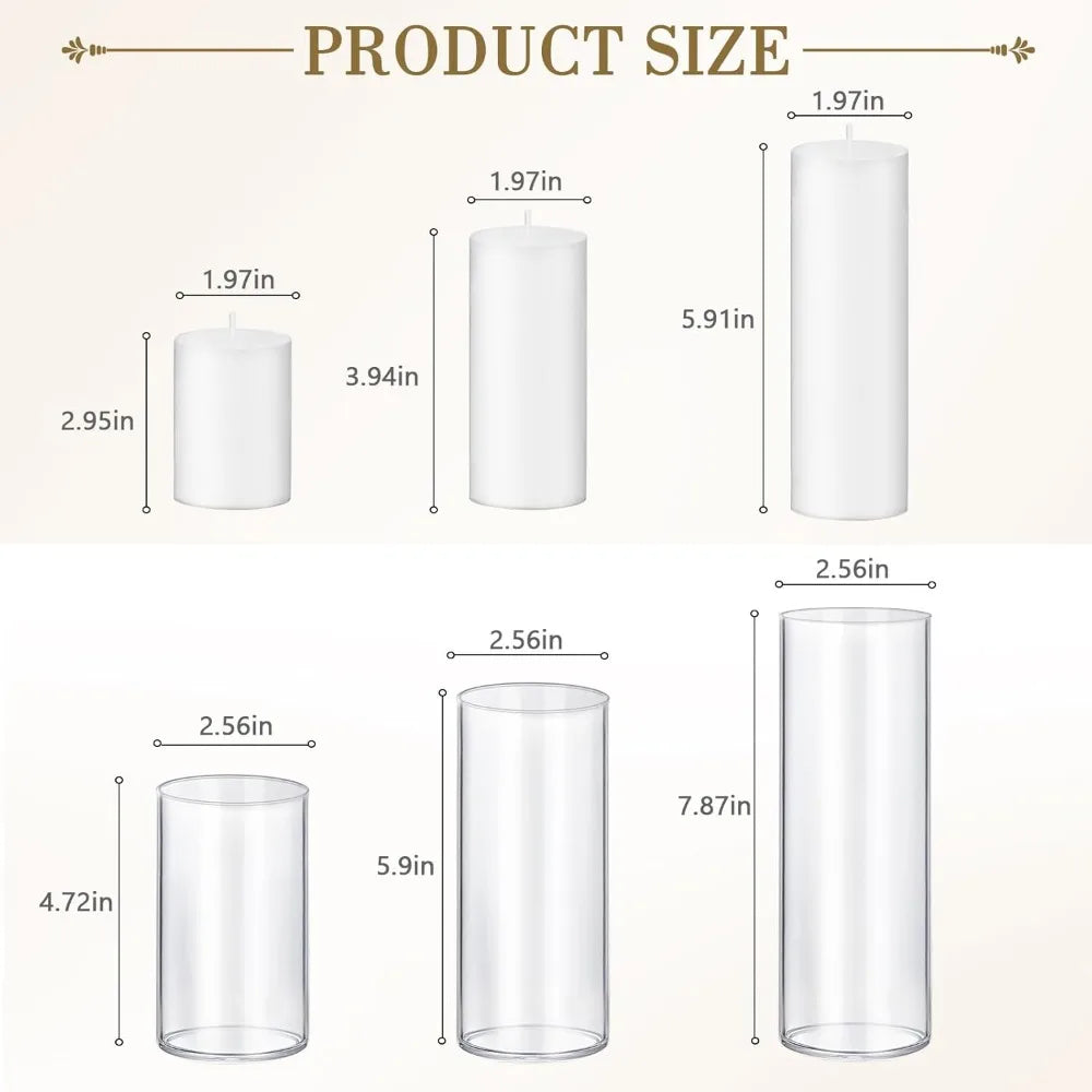 12 PCS White Pillar Candles with Glass Candle Holders Clear Hurricane Candle Holders Glass Cylinder Vases for Centerpieces Weddi