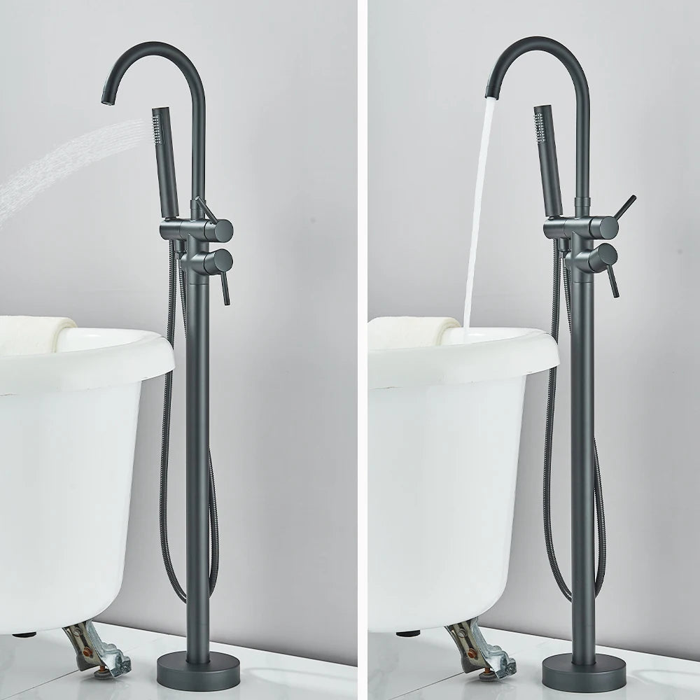 Black Bathroom  Bathtub Faucet With Hand Shower  Hot and Cold Faucet Floor Mounted Tub