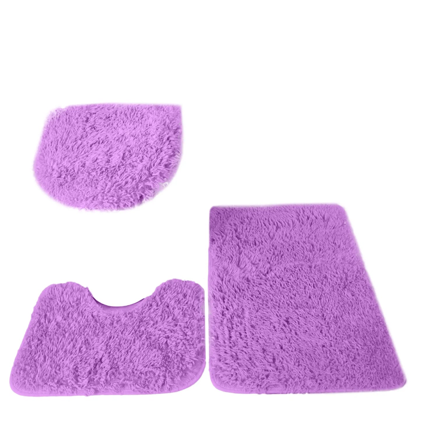 3pc Bathroom Set Rug Mat Toilet Lid Cover Plain Solid Color Bathmats Rugs Kit Non-Slip Fluffy