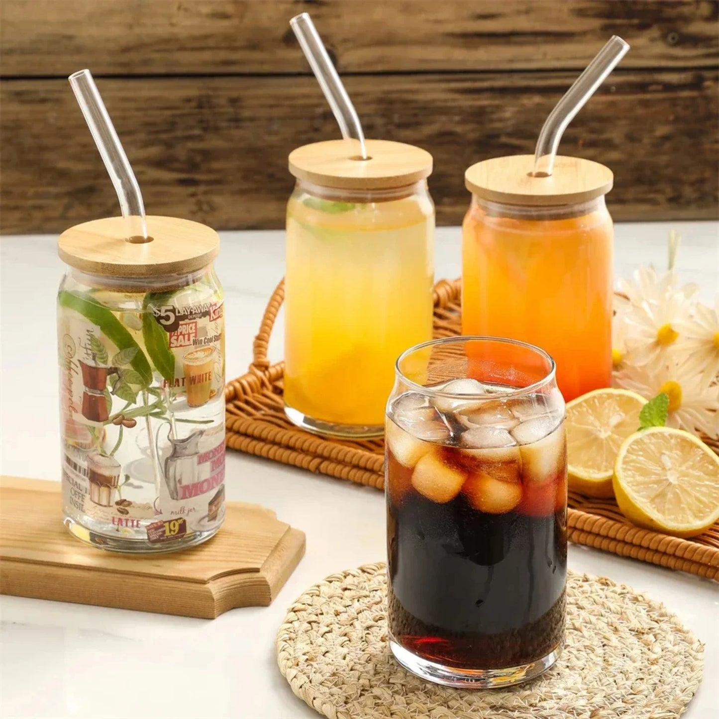 350ml/550ml Glass Cup With Lid and Straw Transparent Bubble Tea Cup Juice Glass