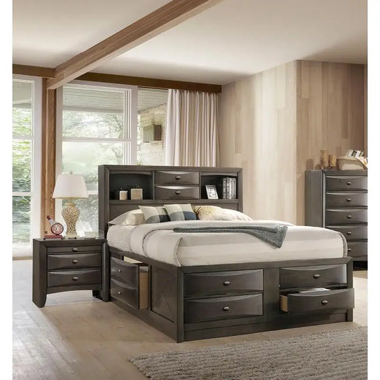 Contemporary Queen Bed with 2 Nightstands and Bookcase Headboard in Gray - 3 Piece Bedroom Furniture Set
