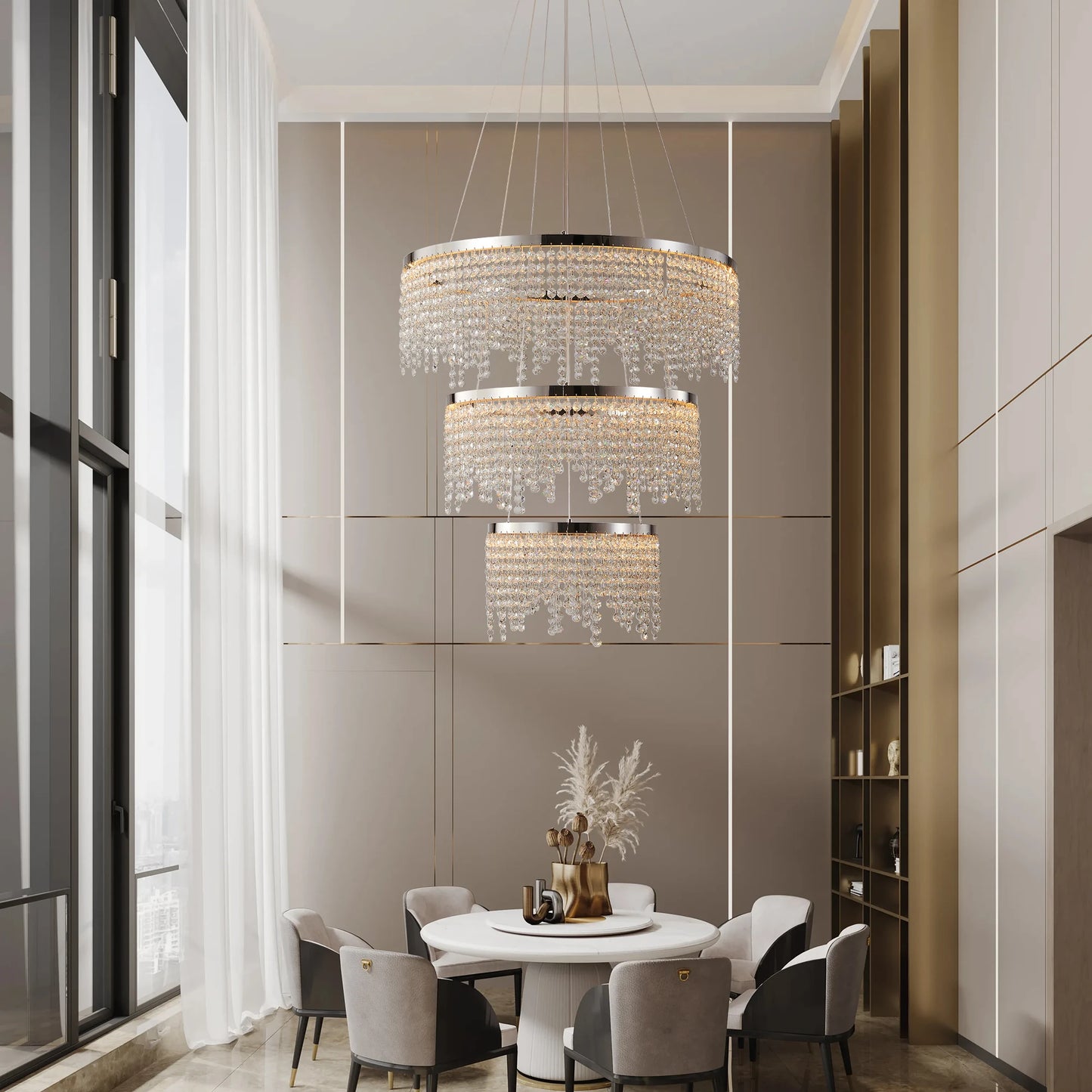 23.6-inch Crystal Chandelier, Dimmable Led Ceiling Lamp, Adjustable Color Temperature 3000K/4000K/6000K, Height Adjustable, Luxury Round Chandelier, Suitable for Living Room, Dining Room, Bedroom