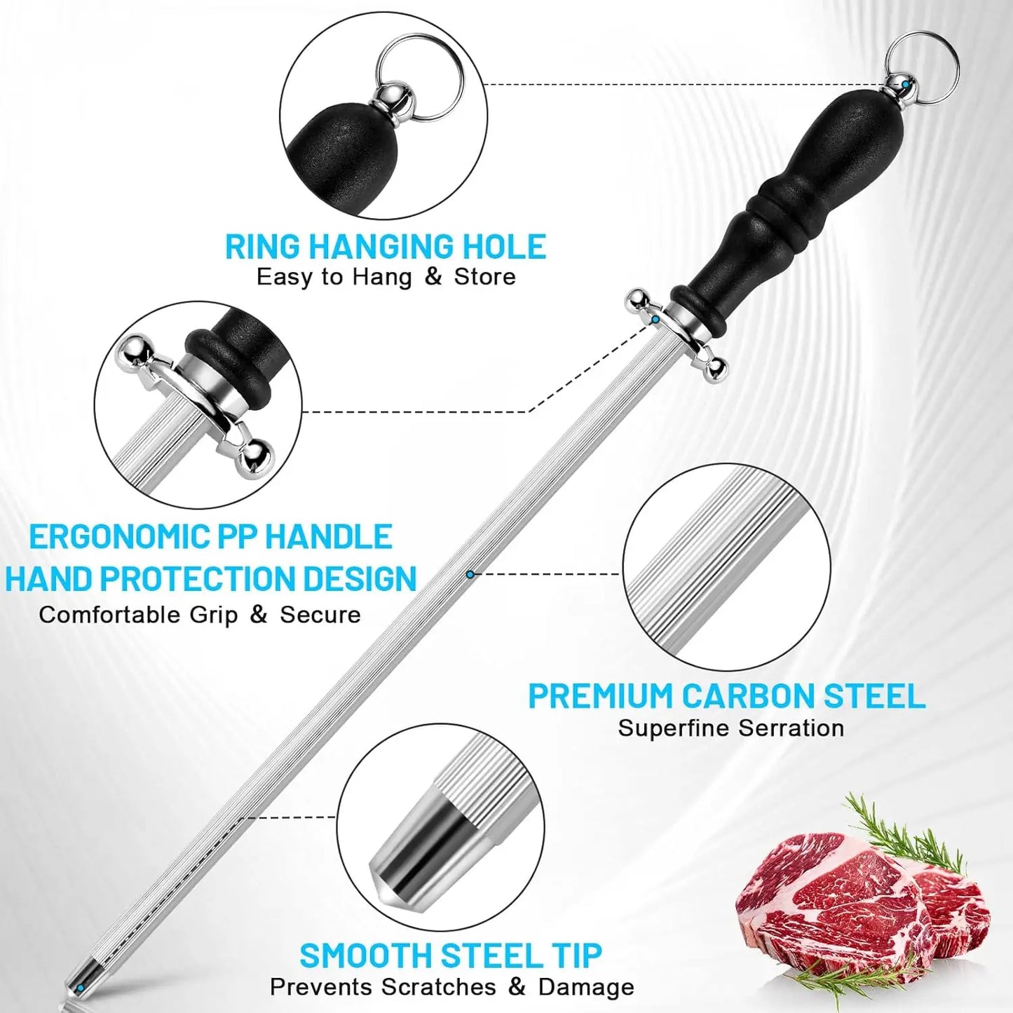 Brisket Slicer Kit,12" Razor Sharp Meat Carving Knife & 12" Honing Rod for Kitchen