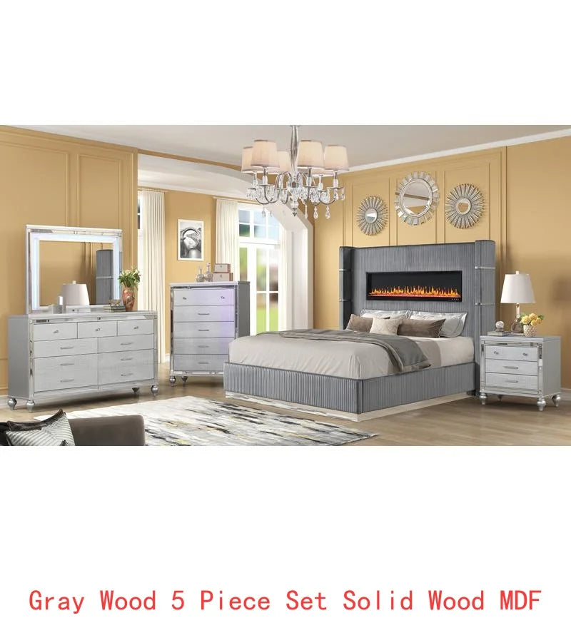 Upholstered Wooden King 5-Piece Bedroom Set with Ambient Lighting in Black Velvet Finish