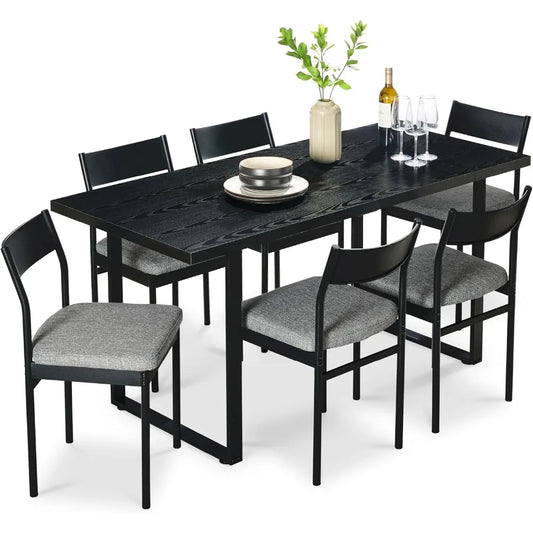 7-Piece Modern Dining Room Set, Kitchen Table Set, Dining Table w/ 6 Chairs, Upholstered Cushions, Solid Metal Frame