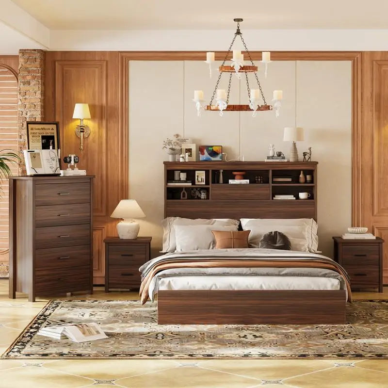 4-Piece Bedroom Set, Wooden Queen Size Bed Frame with Storage Headboard & Charging Station, 2 Nightstands with 2 Drawers,
