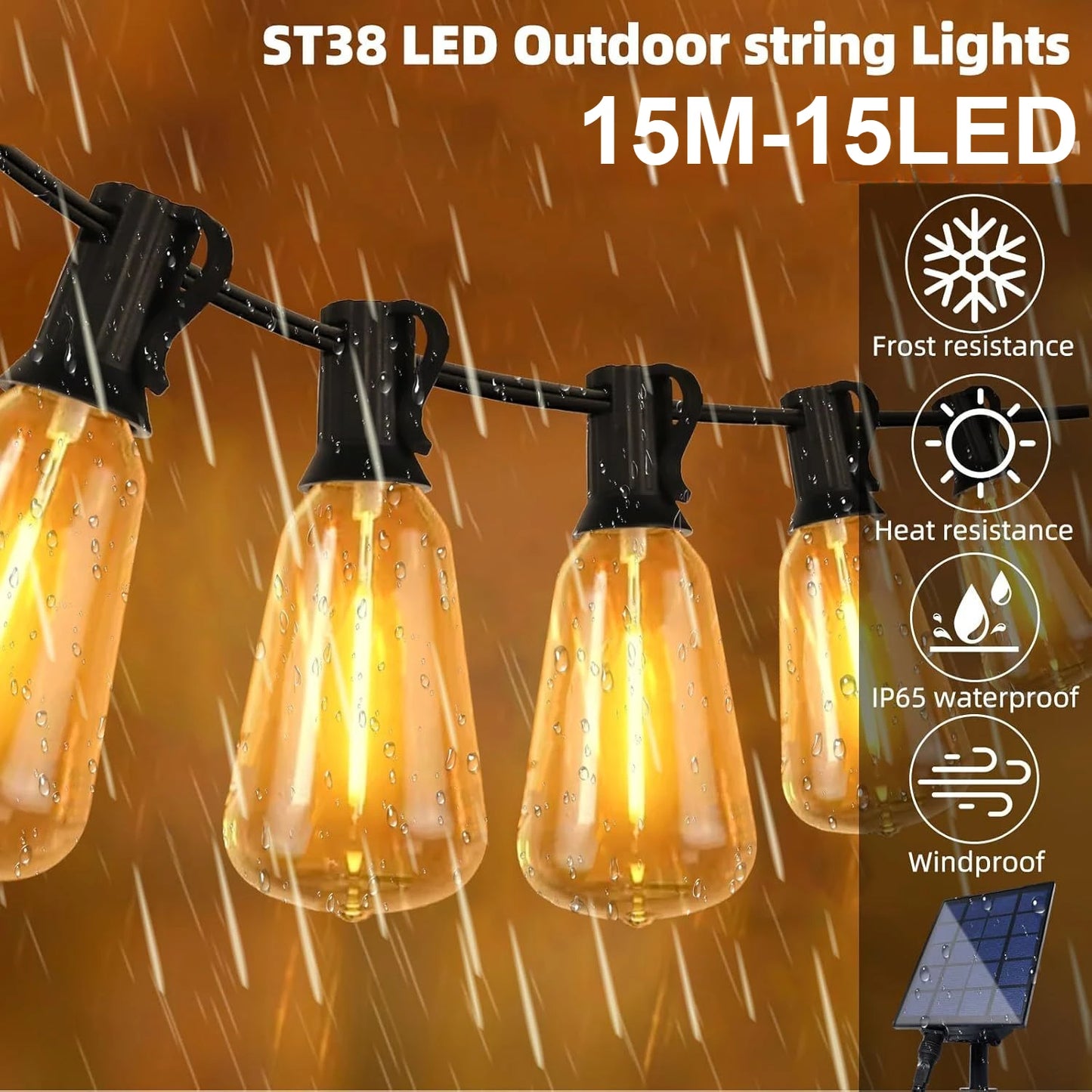 50FT Solar String Lights Waterproof with Remote ST38 LED Dimmable Globe Outdoor Lights for Patio Outdoor with 15/ 30 Lights