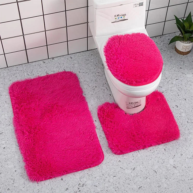 3pc Bathroom Set Rug Mat Toilet Lid Cover Plain Solid Color Bathmats Rugs Kit Non-Slip Fluffy