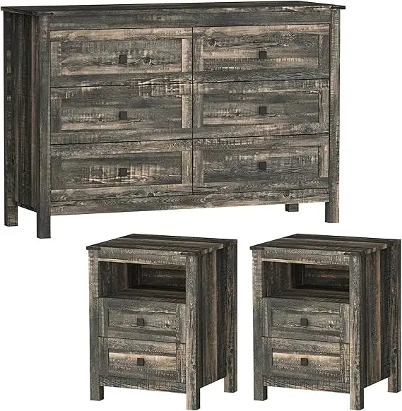 Farmhouse Bedroom Set, 3 Pieces Bedroom Furniture Set, Rustic Wood 6 Drawer Dresser and Nightstands