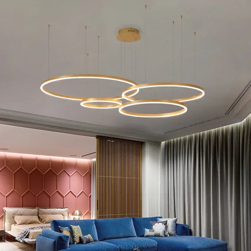 2025 Modern Led Ceiling Chandelier Home Brushed Round Rings Mounted Pendant Lighting Living Room Gold Coffee Color Hanging Lamp