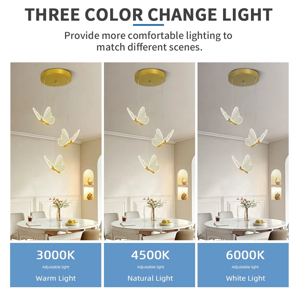 LED Modern 3-Head Butterfly Pendant Ceiling Light, Bedhead Indoor Living Room Dining Room Kitchen Decorative Lighting